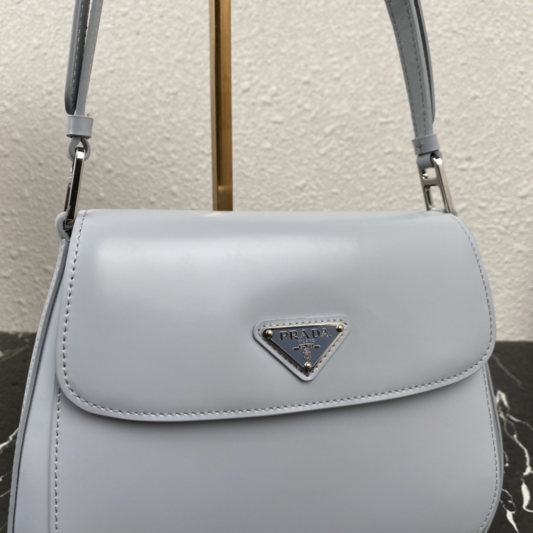 Prada Cleo Brushed Leather Shoulder Bag With Flap Zephyr Blue 1BD303